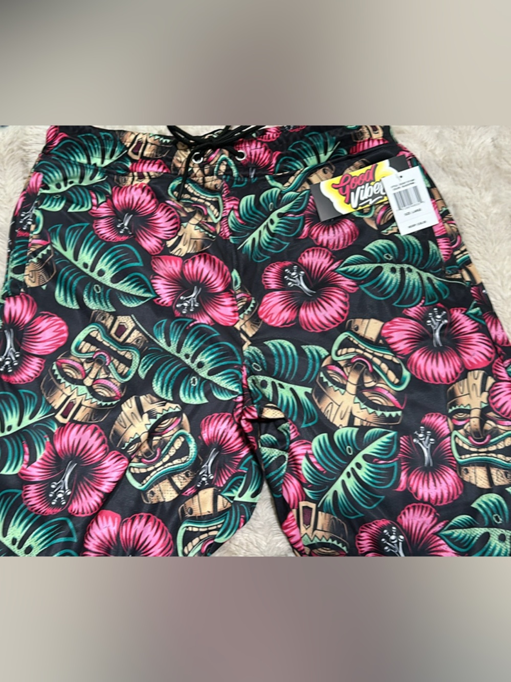 Good Vibes Men’s Black Board Shorts with Pink Floral & Green Leaf Print